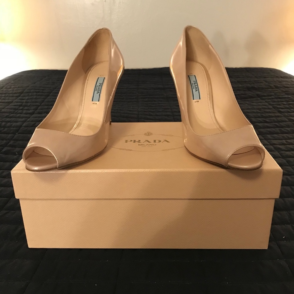 NWT - Prada Nude Patent Leather Peep-Toe Stilettos